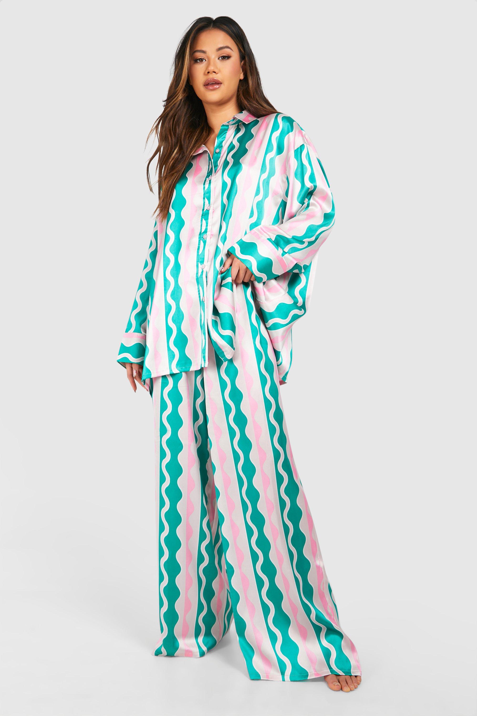 Womens Wavy Print Oversized Pyjama Set - Green - 16, Green